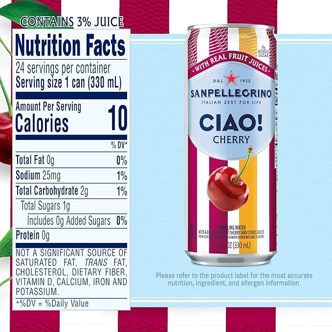 Sanpellegrino CIAO Cherry Sparkling Water, Low-Calorie Italian Sparkling Water with Real Fruit Juices, 0g Added Sugar, 24-Pack - Bloomnest