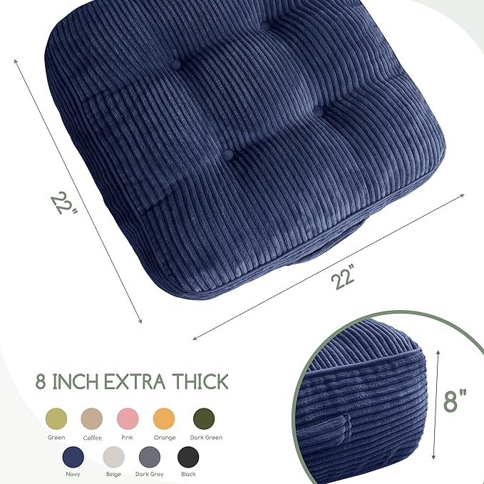 8" Washable Floor Pillow Cushion for Adults, Meditation Cushion Pillow, Large Square Floor Sitting, Removable Tufted Corduroy Cover, for Tatami Living Room or Yoga, 22x22 Inch, 2Pack, Machine Washable - Bloomnest