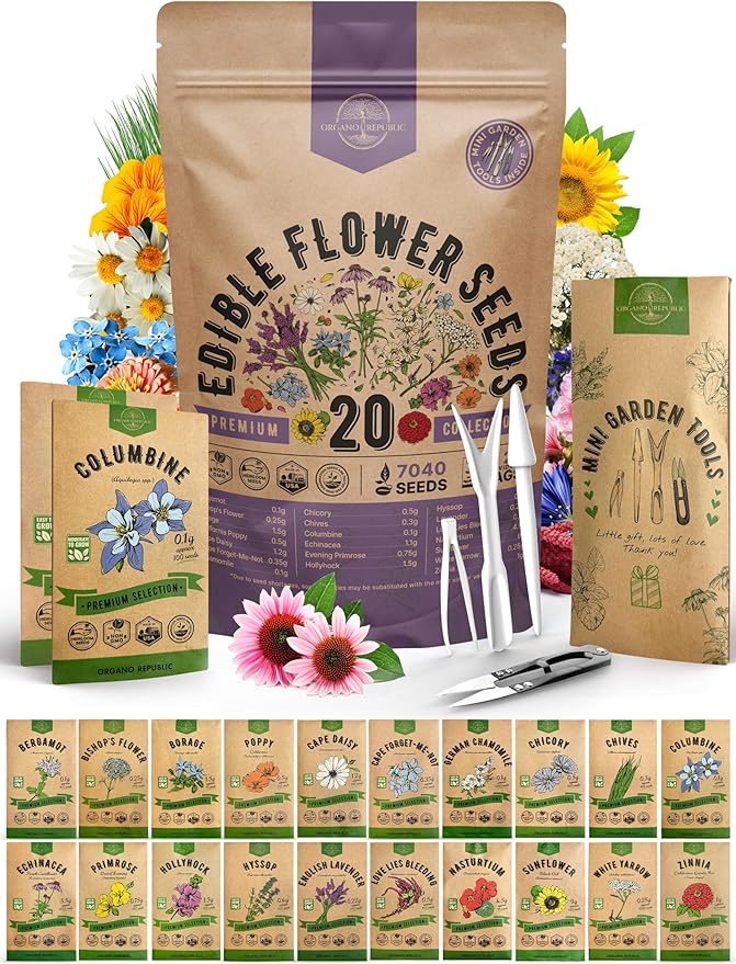 Organo Republic 20 Edible Flower Seeds Variety Pack- Indoor/Outdoor. 7000+ Non-GMO Heirloom: Borage, Bergamot, Nasturtium, Chives, Cape Daisy, Hyssop, Zinnia Seeds & More - Bloomnest