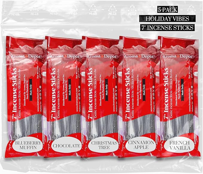 Holiday Vibes 7'' Incense Sticks - Variety Set 500 Pack - 7 inch - 5 Bundles 100 Sticks Per Fragrance Scent. Set Features Blueberry, Chocolate, Christmas Tree, Cinnamon Apple, French Vanilla AromaDepotInc
