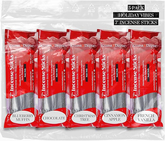 Holiday Vibes 7'' Incense Sticks - Variety Set 500 Pack - 7 inch - 5 Bundles 100 Sticks Per Fragrance Scent. Set Features Blueberry, Chocolate, Christmas Tree, Cinnamon Apple, French Vanilla AromaDepotInc