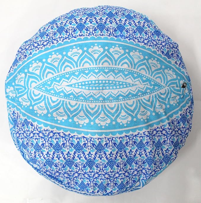 INDIAN CRAFT CASTLE ICC Mandala Barmeri Large Floor Pillow Cover Cushion Meditation Seating Ottoman Throw Cover Hippie Decorative Zipped Bohemian Pouf Ottoman Cases Blue Ombre 16" Round - Bloomnest