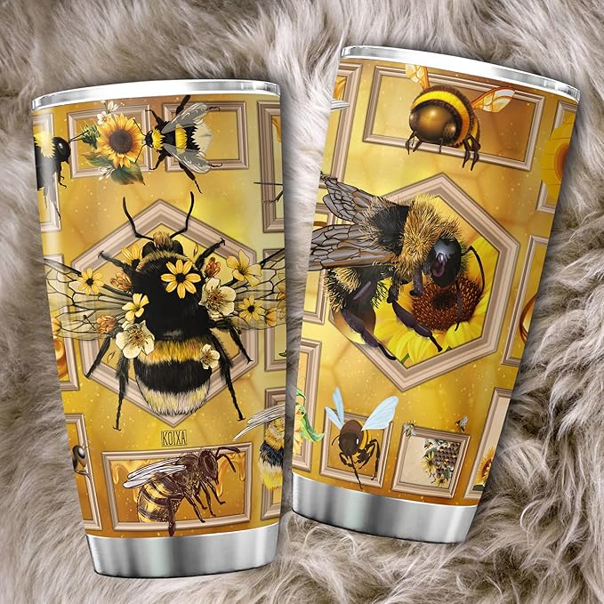Bee Tumbler With Lid 20oz Stainless Steel Travel Cups Insect Animal Print Christmas Birthday Present For Girls Yellow Bee Themed Items Insulated Double Walled Coffee Mugs - Bloomnest
