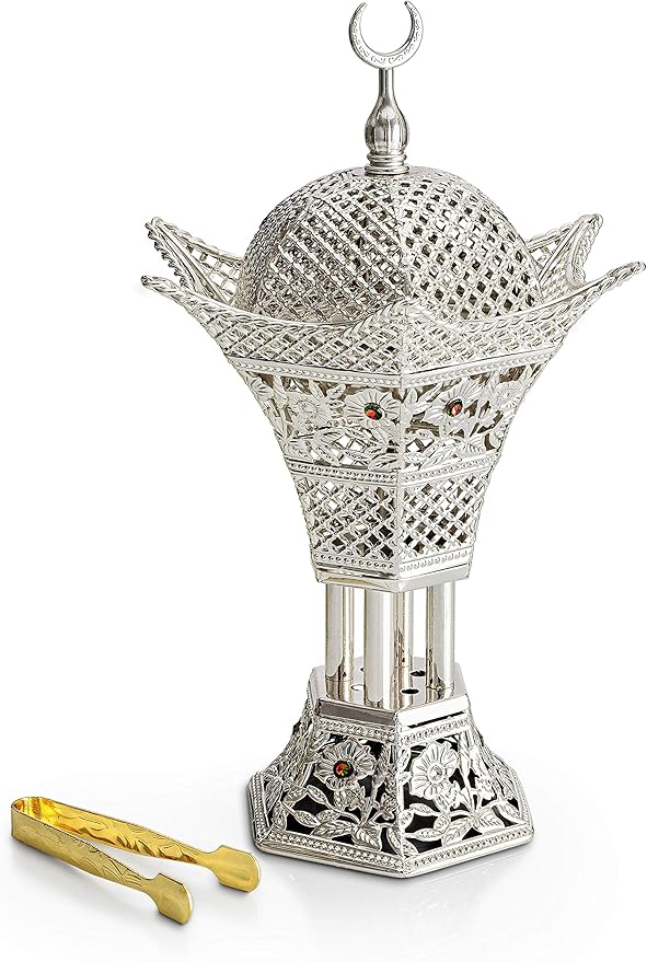 AM Bakhoor Charcoal Incense Burner – Luxury Gold Frankincense Resin Burner for Oud, Bakhoor, Incense Sticks & Cones – Decorative Metal Holder with Removable Lid & Safe Flame Control (Silver) - Bloomnest
