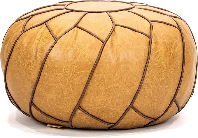 Moderner Faux Leather Pouf Unstuffed Ottoman Moroccan Footstool, Floor Footrest Cushion, Storage Solution - Natural Brown Color (Camel, Round) - Bloomnest