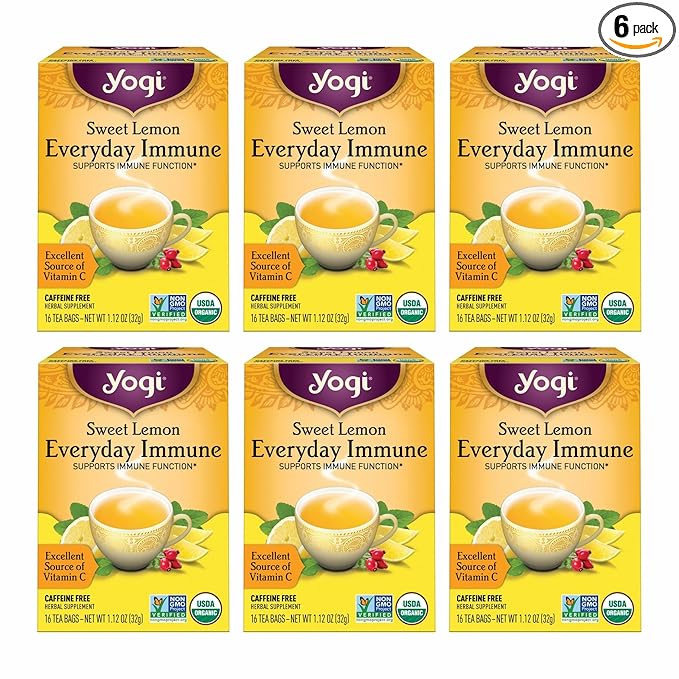 Yogi Tea Sweet Lemon Everyday Immune Tea - 16 Tea Bags per Pack (6 Packs) - Daily Immune Support Tea - Delicious Lemon Tea Bags - Includes Tulsi, Lemongrass, Rose Hip, Lemon Peel & More - Bloomnest