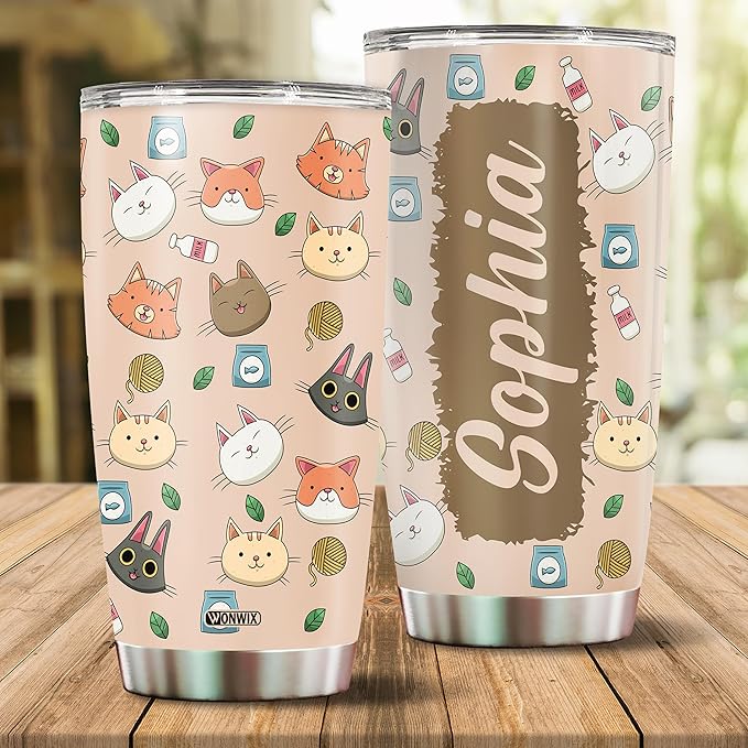 Personalized Cat Tumbler Gifts for Girls Kids Daughter 20oz Travel Cup Coffee Mug Stainless Steel Insulated with Lid Custom Name Watter Bottle Gift for Cat Lover - Bloomnest