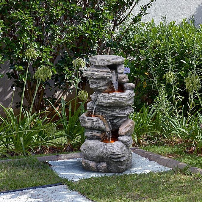 Teamson Home 39.37 in. Outdoor Faux Stacked Stone 4-Tier Water Fountain with LED Lights and Pump, Gray - Bloomnest