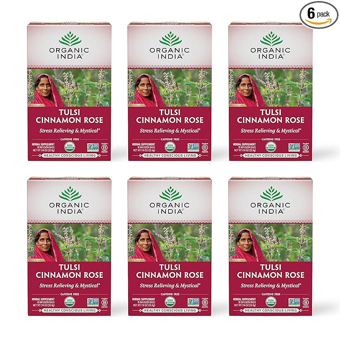 Organic India Tulsi Cinnamon Rose Herbal Tea - Holy Basil, Stress Relieving & Mystical, Immune Support, USDA Certified Organic, Supports Sugar Metabolism, Caffeine-Free - 18 Infusion Bags, 6 Pack - Bloomnest
