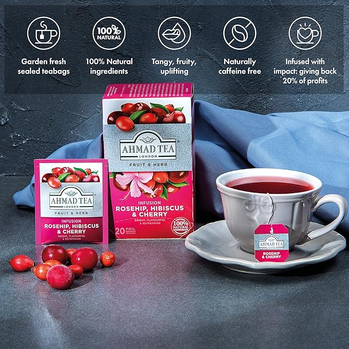Ahmad Tea Herbal Tea, Rosehip, Hibiscus, & Cherry, 20 ct (Pack of 1) - Decaffeinated & Sugar-Free - Bloomnest