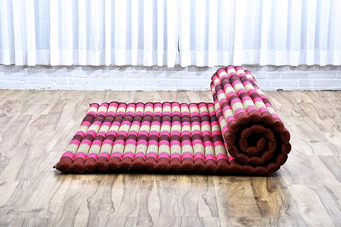 Leewadee - Foldable Floor Mattress - Japanese Roll Up Futon -Trifold Tatami Mat- Guest Floor Bed - Camping Mattress - Thai Massage Mat, Kapok Filled, 75 x 57 inches, Auburn Pink - Bloomnest