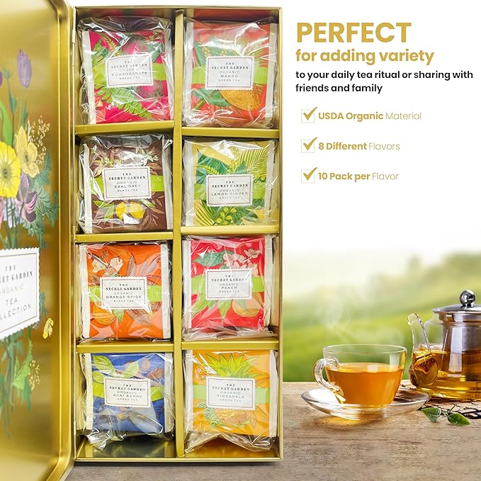 Premium Organic Tea Bag 80 Pack Sampler Designer Tin Book Gift Set 10 Per Flavor Assorted Variety Exotic Fruit Herbal Black And Green Teas Individually Wrapped (8 Flavors) - Bloomnest