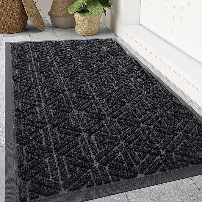 Smiry Front Door Mat Outside Entrance, Heavy Duty Sturdy Natural Rubber Doormat, Trap Dirt and Moisture, Easy Clean Low Profile Mats for Indoor Outdoor Entry, Grid Geometric (71x47, Black) - Bloomnest