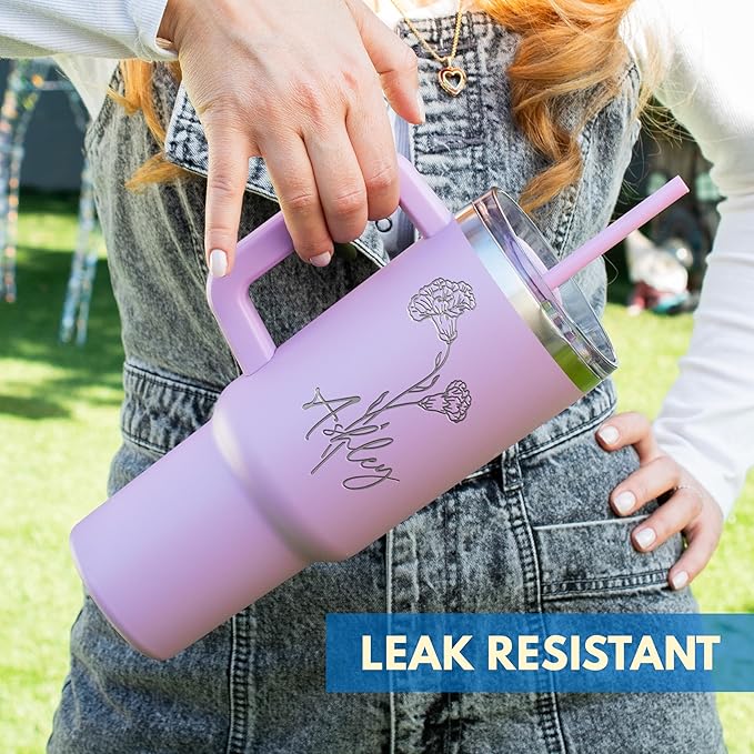 Personalized 40 Oz Stainless Steel Tumbler with Handle - Custom Birth Flower and Name, Insulated Travel Coffee Mug - Birthday Gifts for Women, Peony - Bloomnest