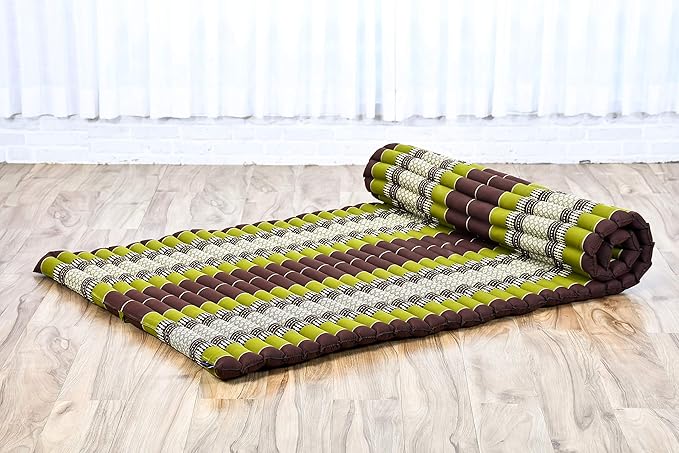 Leewadee - Kapok Roll Mat – Handcrafted Folding Sleep & Relaxation Mattress from Thailand, Ideal as Guest Bed, Camping Mat, Yoga Mat or Traditional Futon, 75 x 39 inches, Brown Green - Bloomnest