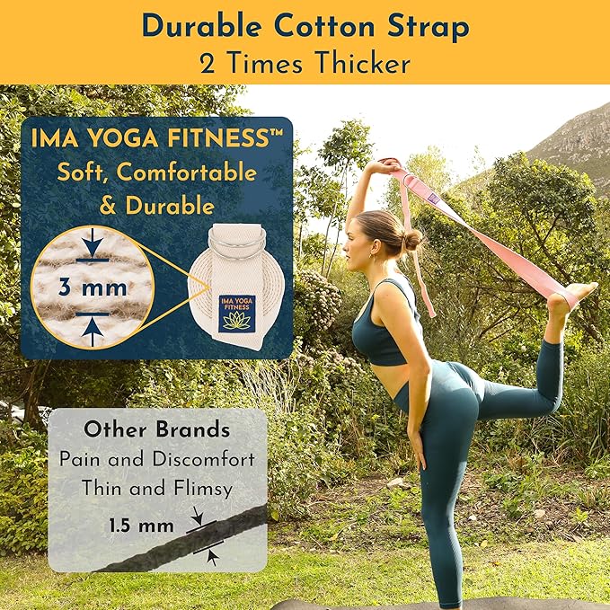 Adaptive Yoga Strap, Stretching Strap, 2 Inches Wide, 100% Naturally Soft Cotton, Steel D-Rings, Includes Natural Cotton Drawstring Storage Pouch and Instructional E-Book - Bloomnest