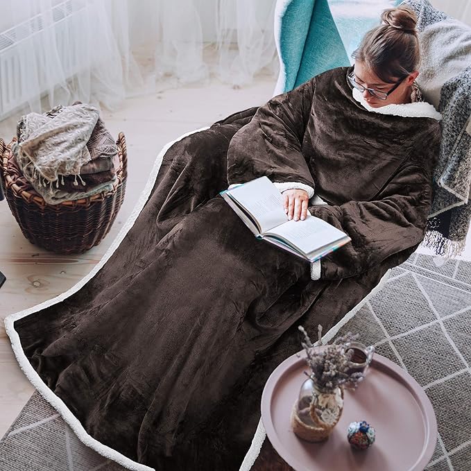 Tirrinia Sherpa Wearable Blanket With Sleeves, Full Body Throw Reading Wrap TV Blankets - Bloomnest