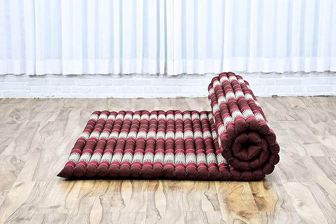 Leewadee - Foldable Floor Mattress - Japanese Roll Up Futon -Trifold Tatami Mat- Guest Floor Bed - Camping Mattress - Thai Massage Mat, Kapok Filled, 75 x 57 inches, Brown Red - Bloomnest