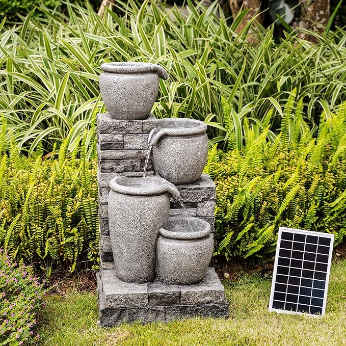 Teamson Home 30.7" 4-Tier Cascading Bowl Solar Powered Water Fountain for Outdoor Living Spaces, Gray - Bloomnest