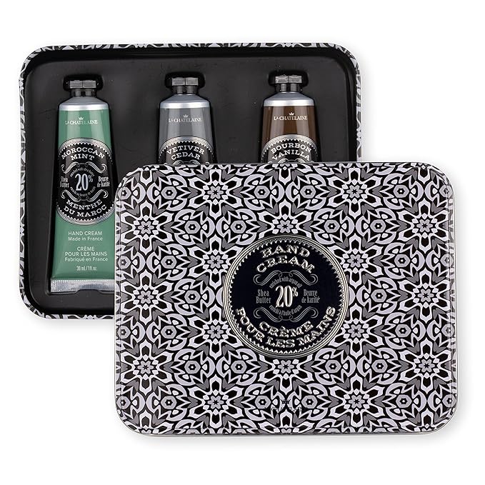La Chatelaine Hand Cream Unisex Gift Set, Ready-To-Gift Hand Lotion, Travel Size, Natural Hand Cream Made in France with 20% Organic Shea (Moroccan Mint, Vetiver Cedar, Bourbon Vanilla) 3 x 1 fl oz - Bloomnest