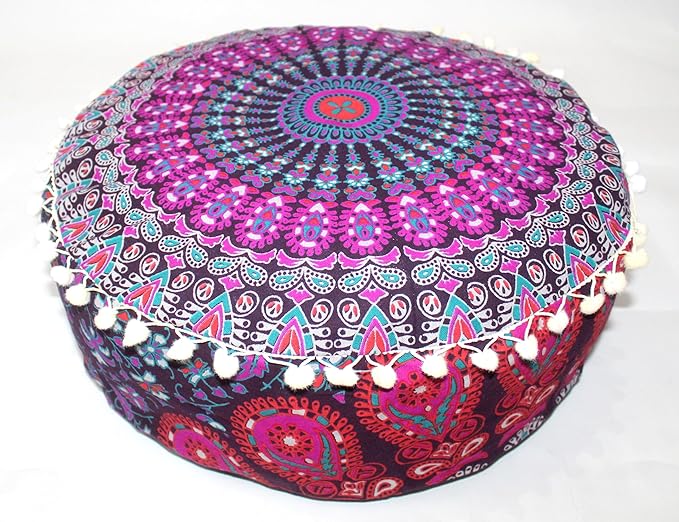 INDIAN CRAFT CASTLE ICC Mandala Barmeri Large Floor Pillow Cover Cushion Meditation Seating Ottoman Throw Cover Hippie Decorative Zipped Bohemian Pouf Ottoman Cases Pink Peacock 16" Round - Bloomnest