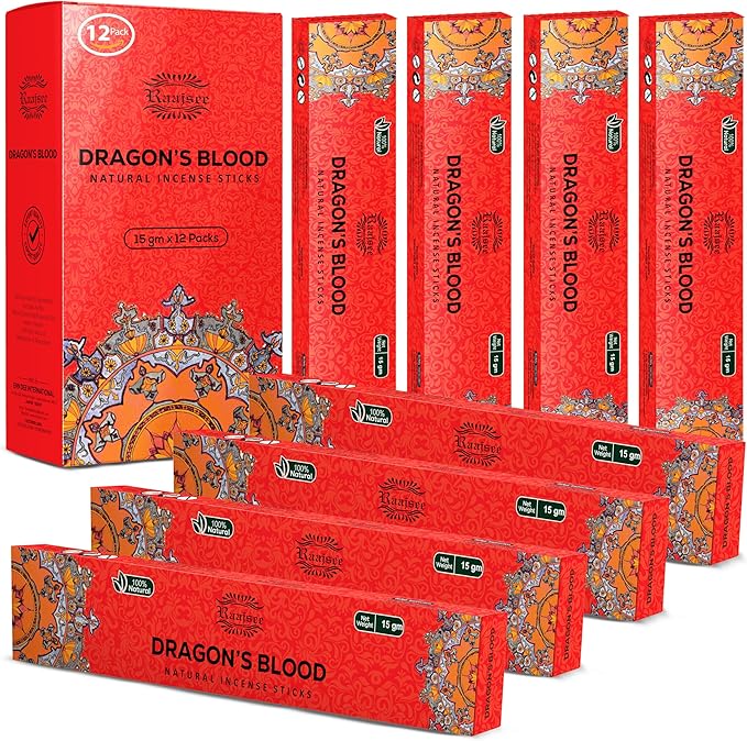 Raajsee Dragons Blood Incense Sticks (180 gm), 100% Pure Organic Natural Hand Rolled Free from Chemicals, (Pack of 12) - Bloomnest