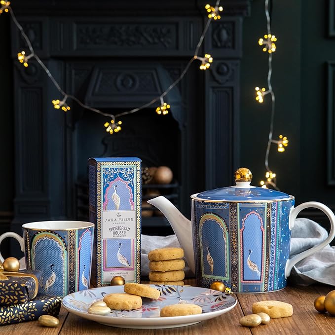 Sara Miller London India Lattice Windows Teapot - Fine China Indigo Teaware with Cranes & Gold Detailing - 37 oz Elegant Teapot for Afternoon Tea & Gifting Set, Service for 2 - Great for Brunch - Bloomnest