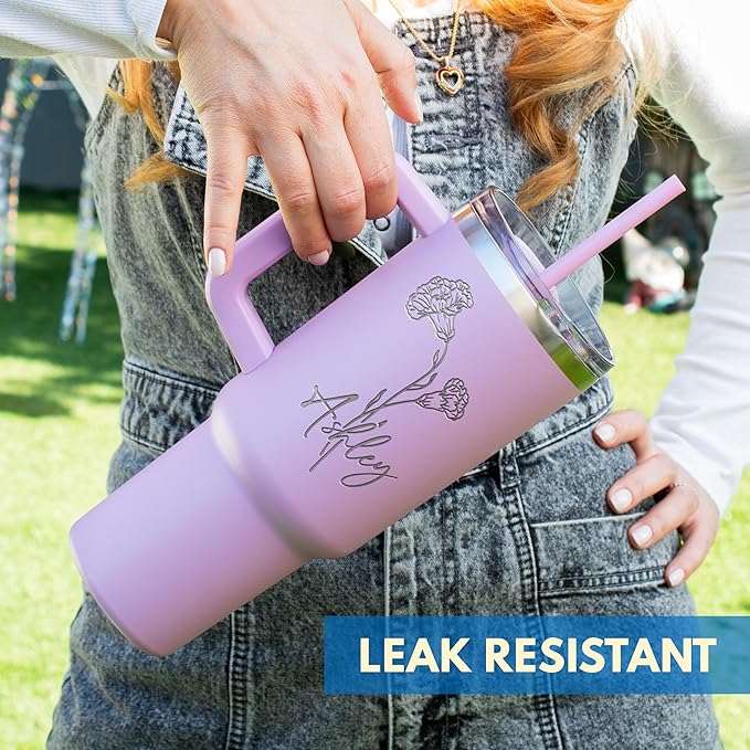 Engraved 40 Oz Tumbler with Handle and Straw - Personalized Name and Birth Flower, Double-Wall Insulated Mug - Birthday Gifts for Women, Rose Quartz - Bloomnest