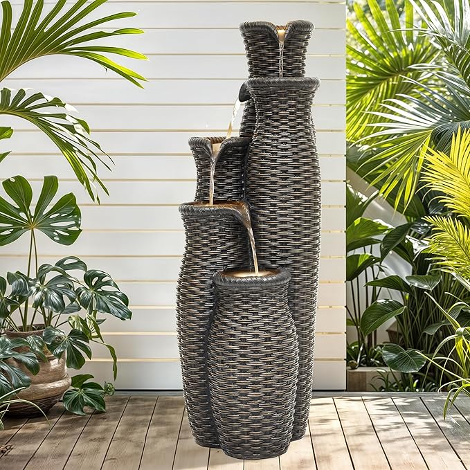 Outdoor Water Fountain with Lights, Faux Rattan Vase Fountain with 5-Tier Waterfall, Polyresin Cascading Waterfall Feature with Tranquil Oasis for Garden, Patio, Yard, or Porch - Bloomnest