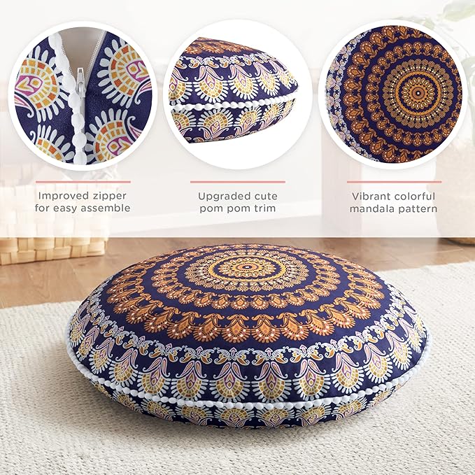 Codi Floor Pillows for Sitting Set of 2, Large Meditation Cushions for Adults with Memory Foam, Bohemian Mandala Round Seating for Outdoor Yoga and Living Room, Washable，32 Inch, Yellow