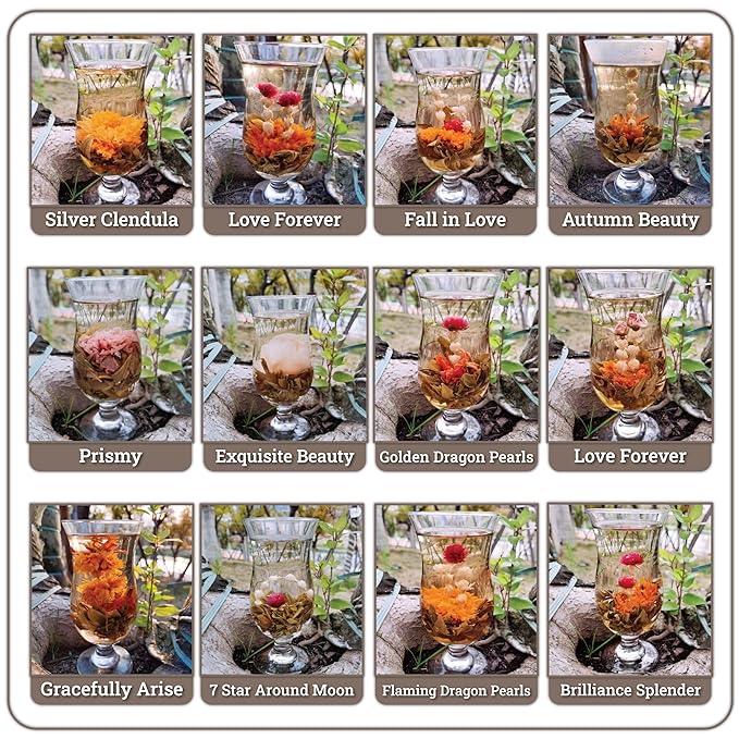Botanical Flowering Gourmet Tea - 12 Unique Varieties of Fresh Blooming Tea Flowers - Hand-Tied Natural Herbal Tea Leaves & Edible Flowers - 12-Pack Gift Canister - 36 Steeps, Makes 250 Cups - Bloomnest