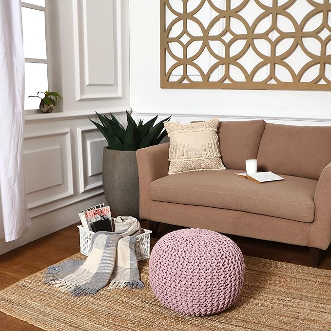 REDEARTH Round Pouf Ottoman - Hand Knitted Boho Poof Home Décor Pouffe Circular Footrest for Living Room - Bedroom - Lounge - 100% Cotton (19.5"x19.5"x14") - Pale Pink - Bloomnest