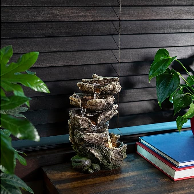 Alpine Corporation WIN1180 11" Indoor Tabletop Waterfall Fountain with LED Lights, 5 Tier Rainforest Garden Fountain, Brown - Bloomnest
