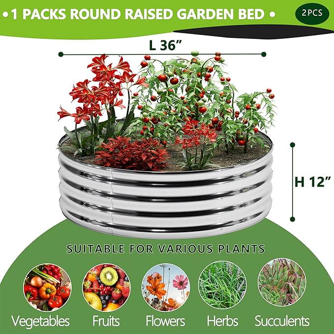 2PCS 3x3x1FT Galvanized Raised Garden Bed Kit,Vegetable Boxes-Round Metal Flower Box,Large Planter Raised Beds Outdoor Garden for Planting,Fruit,Herb-Sliver - Bloomnest