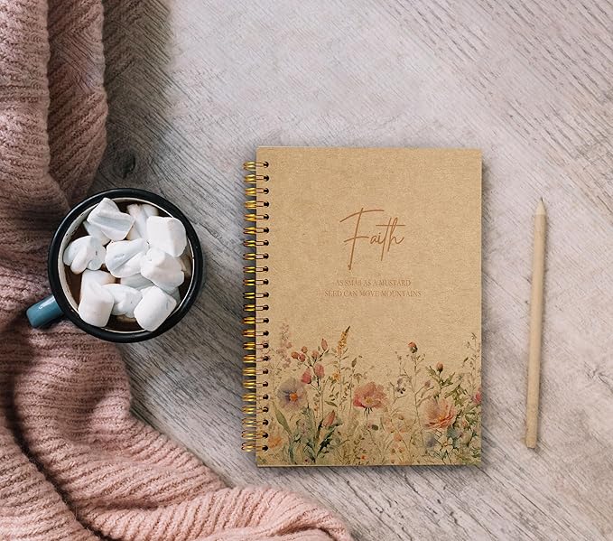 Faith Can Move Mountains Christian Notebook Journal - Inspirational Christian Gifts for Women, Bible Journal Notebooks for Note Taking, Bible Journaling Notebook, Spiral Notebook 5.5x8.3 Kraft Paper - Bloomnest