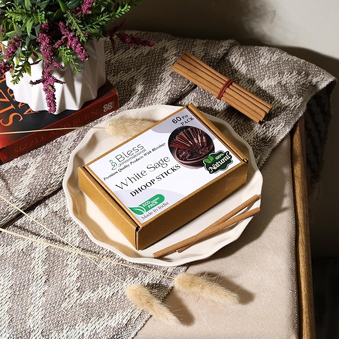Bless-International White-Sage-100%-Natural-Incense-Bambooless-Dhoop-Sticks Handmade-Organic-Chemicals-Free for-Purification-Relaxation-Positivity-Yoga-Meditation The-Best-scents-4.5-Inches-60-Sticks