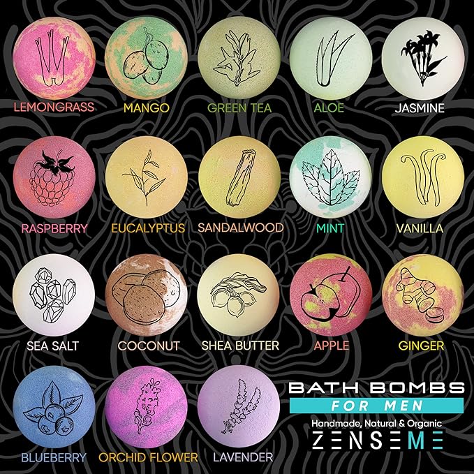 Bath Bombs for Men, Gift Set of 18 Scented Organic Handmade Bath Bombs of 2.5 oz with Natural Essential Oils. Perfect for Boyfriend, Husband, Father or Friend, by ZenseMe - Bloomnest