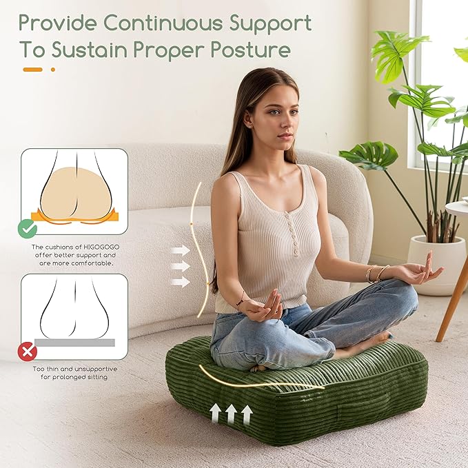 6" Washable Floor Pillow Cushion for Adults, Meditation Cushion Pillow, Large Square Floor Sitting, Removable Tufted Corduroy Cover, for Tatami Living Room or Yoga, 22x22 Inch, 2Pack, Machine Washable - Bloomnest