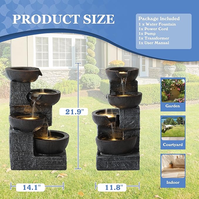 Outdoor Water Fountains with Cascading Bowls, 4-Tiers Fountains and Waterfalls w/LED Lights,Indoor Morden Floor Standing Resin Water Feature for Garden Patio Backyard Home Decor (Grey & Brown) - Bloomnest