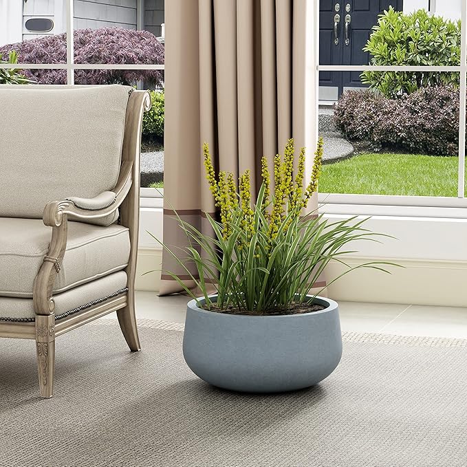 Kante 19.6" Dia Round Concrete Planter, Cement Plant Pots with Drainage Hole and Rubber Plug for Outdoor Indoor Garden Home, Modern Curvaceous Design, Gray - Bloomnest