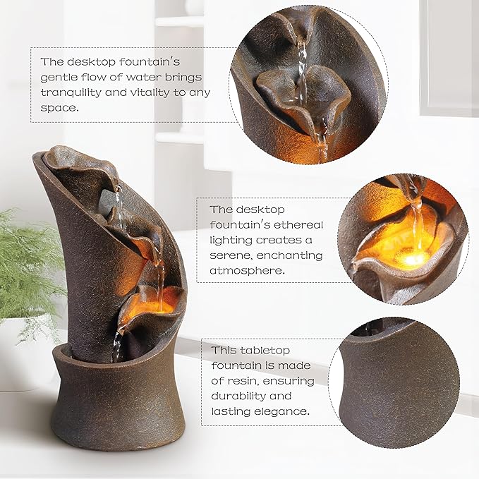 Kalona Tabletop Waterfall Fountain, 3-Tier Indoor Water Fountain for Home Office Decor, Relaxing LED Fountains with Artistic Stone-Look Design for Meditation (23005) - Bloomnest
