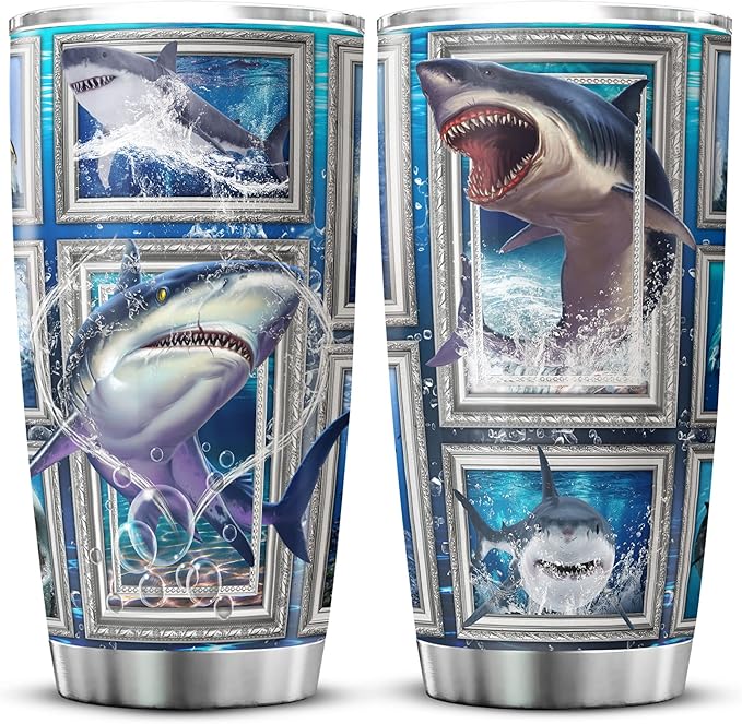 Shark Tumbler Cup With Lid Blue Ocean Themed Coffee Mugs For Women Sharks Underwater Sea Animal Print Tumblers Stainless Steel 20 Oz Holiday Christmas Gift Cool Shark Things - Bloomnest