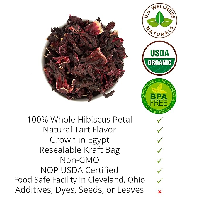 Hibiscus Tea 1LB (16Oz) 100% CERTIFIED Organic Hibiscus Flowers Herbal Tea (WHOLE PETALS), Caffeine Free in 1 lbs. Bulk Resealable BPA-free Bags from U.S. Wellness - Bloomnest