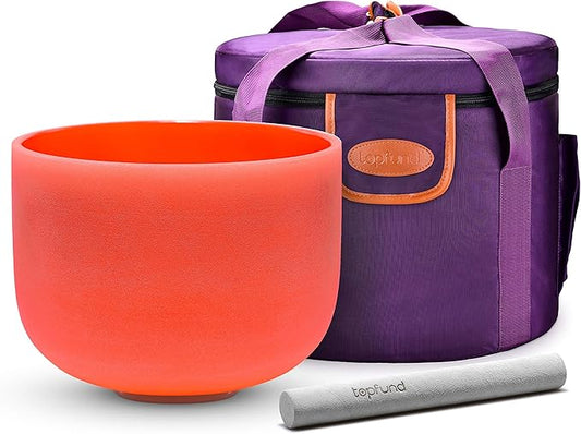 TOPFUND 440 Hz Orange D# Note Crystal Singing Bowl Navel Chakra 10 inch with Heavy Duty Carrying Case and Suede Mallet