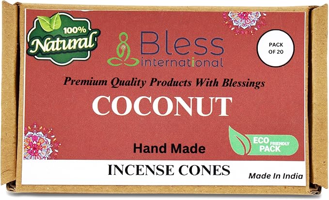 Bless International Coconut 100%-Natural-Incense-Cones Handmade-Hand-Dipped Organic-Chemicals-Free for-Purification-Relaxation-Positivity-Yoga-Meditation The-Best-scents (20 Count) BlessInternational