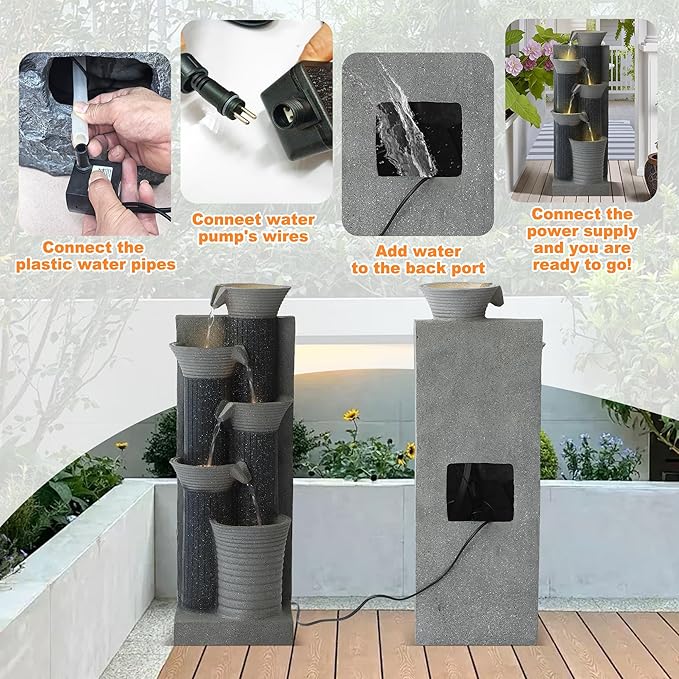 MAGIC UNION Outdoor Water Fountain, 5 Tiers Cascading Waterfall Indoor Water Feature Garden Decor with LED Lights, Patio Resin Fountains for Yard, Deck, Porch and Home, Bamboo Element (Gray) - Bloomnest