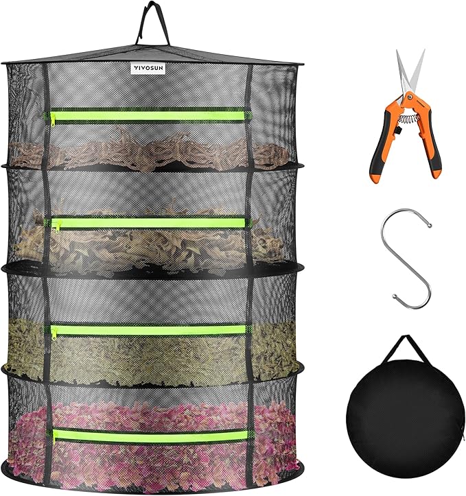 VIVOSUN 4-Layer Mesh Drying Rack Hanging Design with Green Zippers for Dehydrating, Indoor and Outdoor Pruning Shears Included - Bloomnest