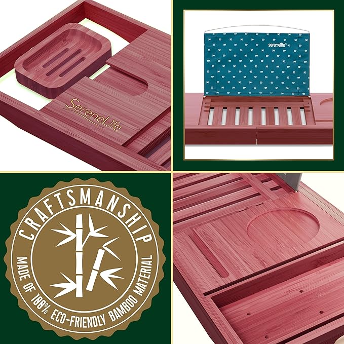 SereneLife Premium Bathtub Tray Caddy with Gift Box and Bow Set, Expandable Bath Tray, Unique House Warming Gifts for Mom, Women, Wedding, Anniversary, Bridal Shower, Fit for All Tub - Stain Brown - Bloomnest