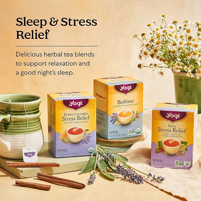 Yogi Tea Honey Lavender Stress Relief Tea - 16 Tea Bags per Pack (6 Packs) - Organic Chamomile Lavender Tea - Includes Lemon Balm, Lemongrass, Spearmint Leaf, Peppermint Leaf, Honey Flavor & More - Bloomnest