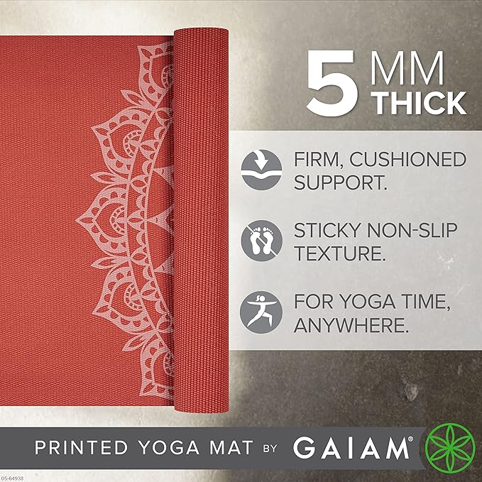 Gaiam Yoga Mat - Premium 5mm Print Thick Non Slip Exercise & Fitness Mat for All Types of Yoga, Pilates & Floor Workouts (68" x 24" x 5mm) - Bloomnest
